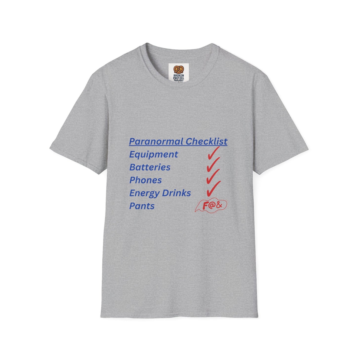 Paranormal Checklist T-Shirt — 'Batteries, Phones, Energy Drinks, Pens' Haunted Investigation Tee