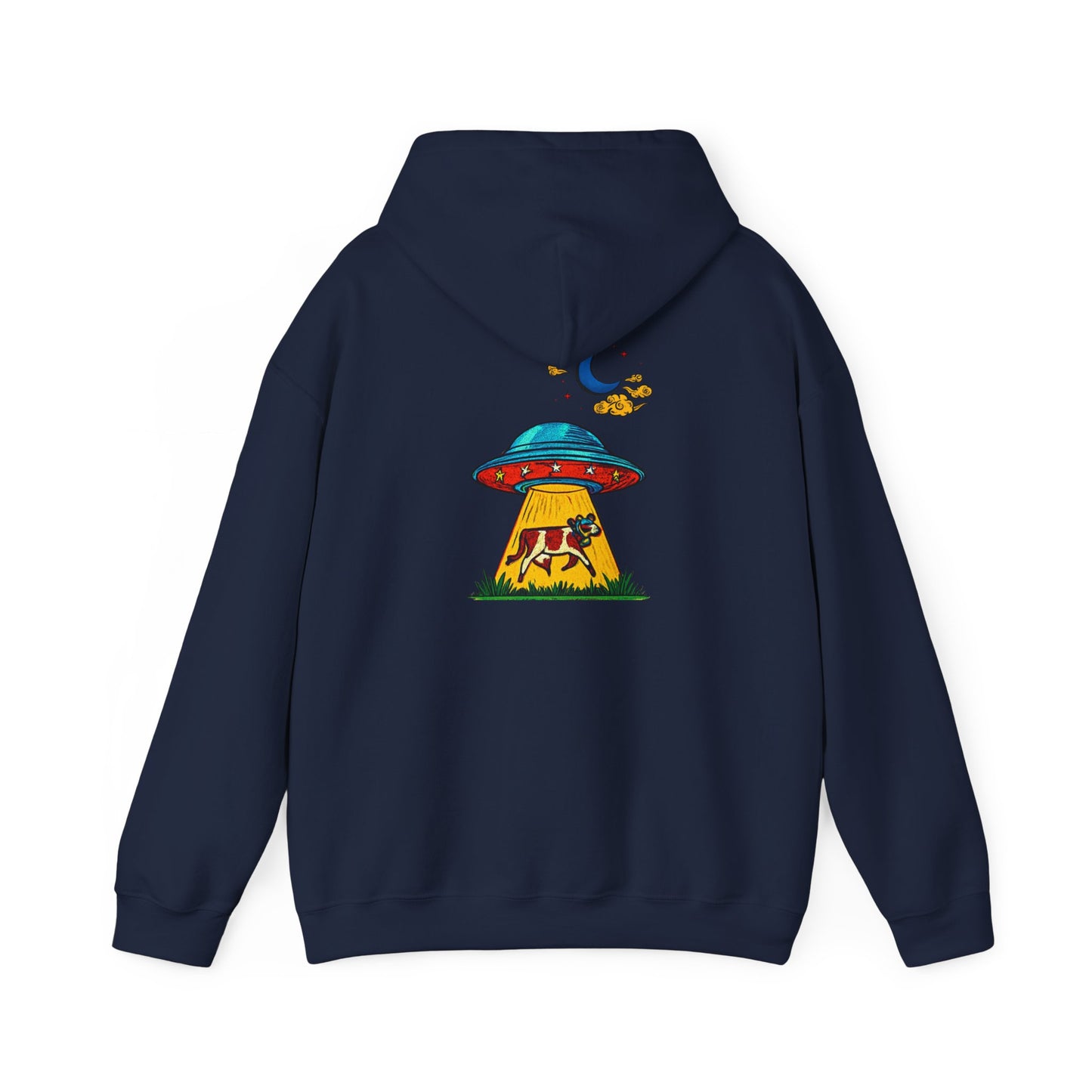 Alien UFO Abduction Hoodie — Colorful Retro Spaceship Graphic