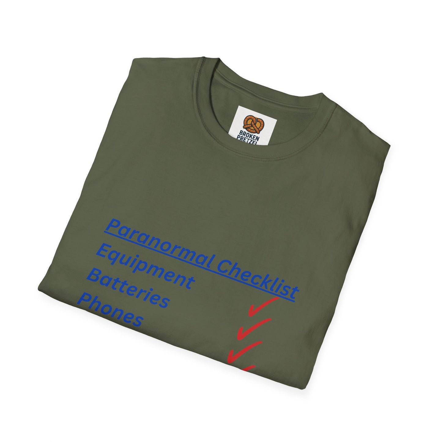 Paranormal Checklist T-Shirt — 'Batteries, Phones, Energy Drinks, Pens' Haunted Investigation Tee