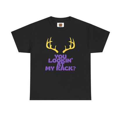 Funny Antler T-Shirt — "You Lookin' at My Rack?" Hunting Humor Tee
