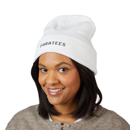 Paratees Embroidered Cuffed Beanie — Minimal Winter Knit Hat