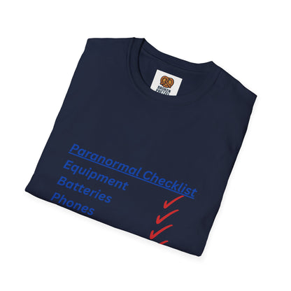 Paranormal Checklist T-Shirt — 'Batteries, Phones, Energy Drinks, Pens' Haunted Investigation Tee