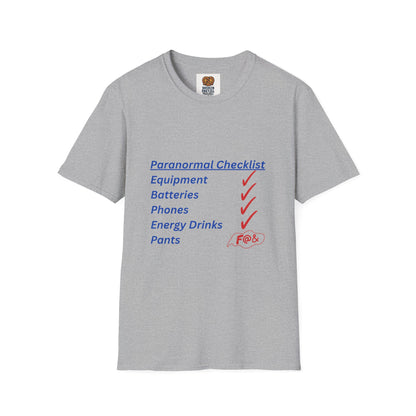 Paranormal Checklist T-Shirt — 'Batteries, Phones, Energy Drinks, Pens' Haunted Investigation Tee