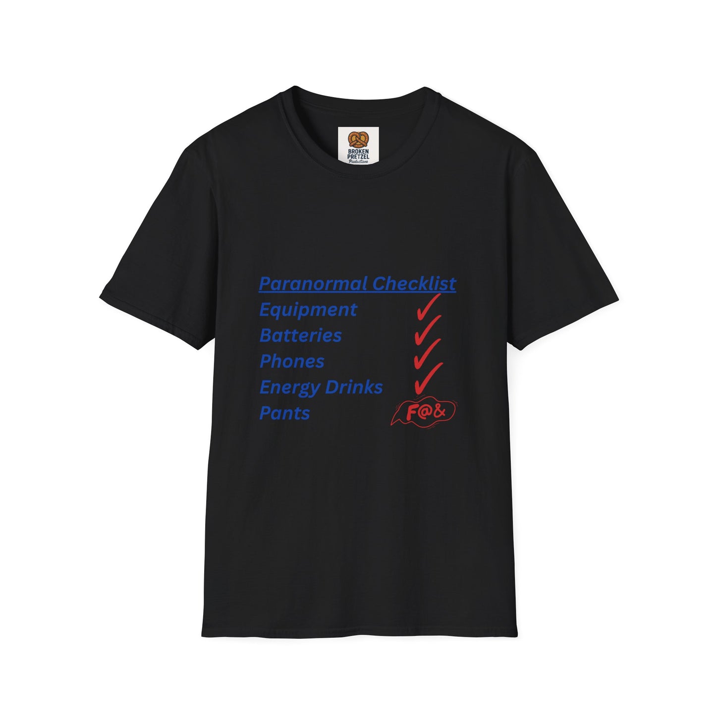Paranormal Checklist T-Shirt — 'Batteries, Phones, Energy Drinks, Pens' Haunted Investigation Tee