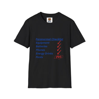 Paranormal Checklist T-Shirt — 'Batteries, Phones, Energy Drinks, Pens' Haunted Investigation Tee