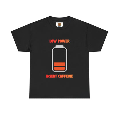 Low Power Insert Caffeine T‑Shirt — Funny Retro Battery Coffee Tee