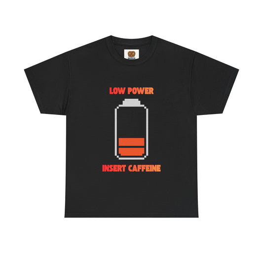 Low Power Insert Caffeine T‑Shirt — Funny Retro Battery Coffee Tee