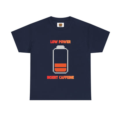 Low Power Insert Caffeine T‑Shirt — Funny Retro Battery Coffee Tee