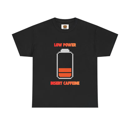 Low Power Insert Caffeine T‑Shirt — Funny Retro Battery Coffee Tee
