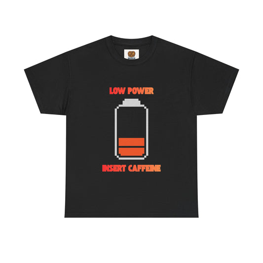 Low Power Insert Caffeine T‑Shirt — Funny Retro Battery Coffee Tee