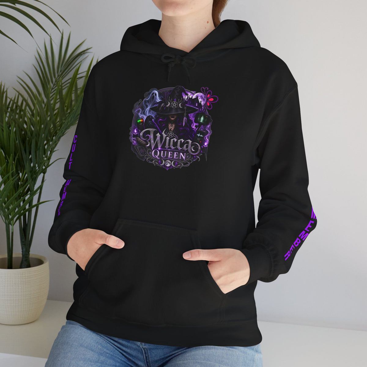 Witchy Black Hoodie - "Wicca Queen" Gothic Witch Cat Pullover